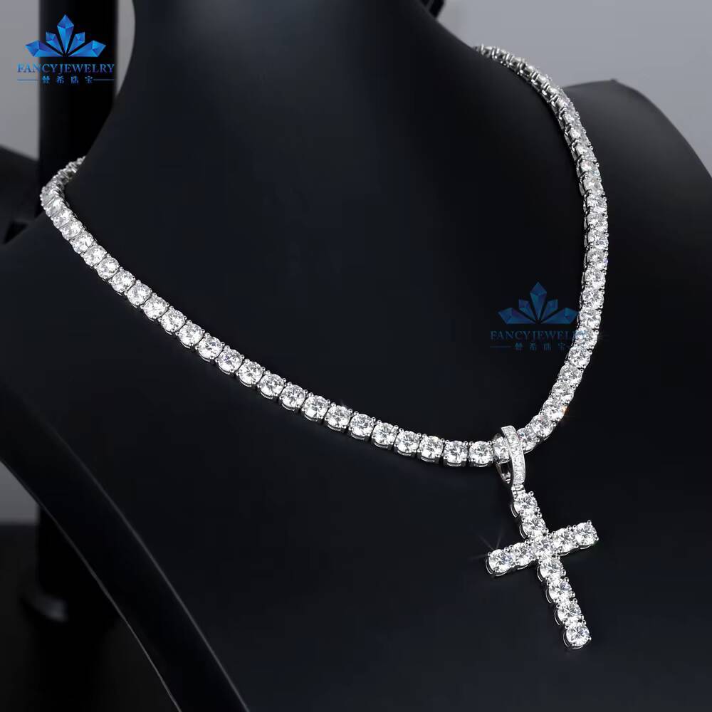 FancyJewelry Unisex High Quality 925 Silver Gold Plated Jesus Cross Pendant Trendy Fine Pendants Charms Men Women Moissanite