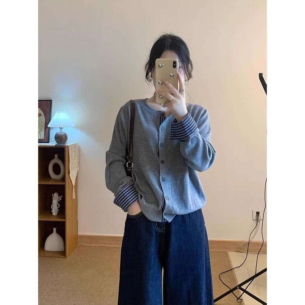 DHEssentials Gray Little Chanel Style Fake Two-Piece Base Shirt Cardigan Sweater Coat for Women Autumn Winter Lazy High-End Knitted Top