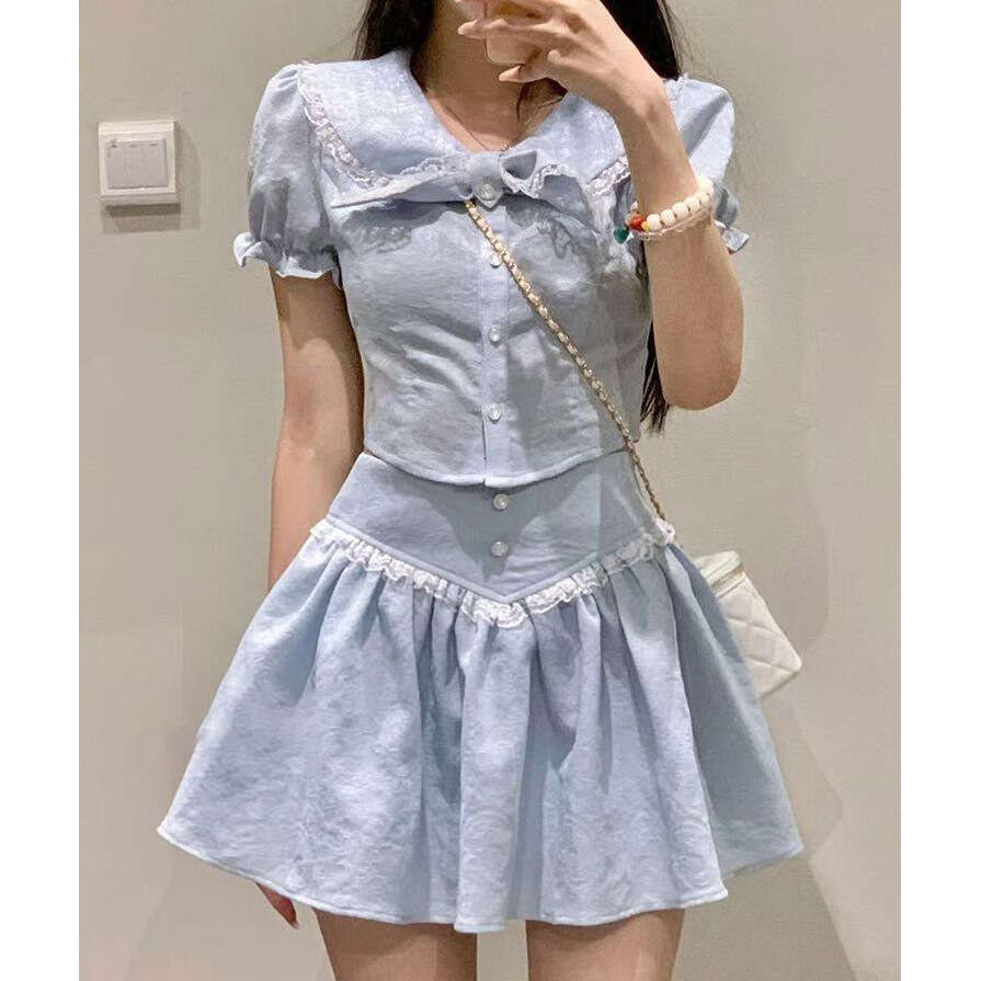 DHEssentials Chanel Style Two-Piece French Tea Break Lace Trim Double Layer Collar Shirt + Ruffled A-Line Short Skirt Set for Women