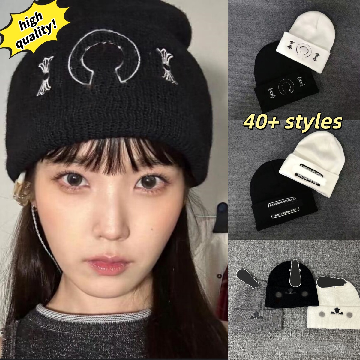 Fashion designer Sanskrit jacquard knitted hat skullcap designer beanie Embroidery cross wool winter hat Thermal hat Black and white bonnet hat sh04