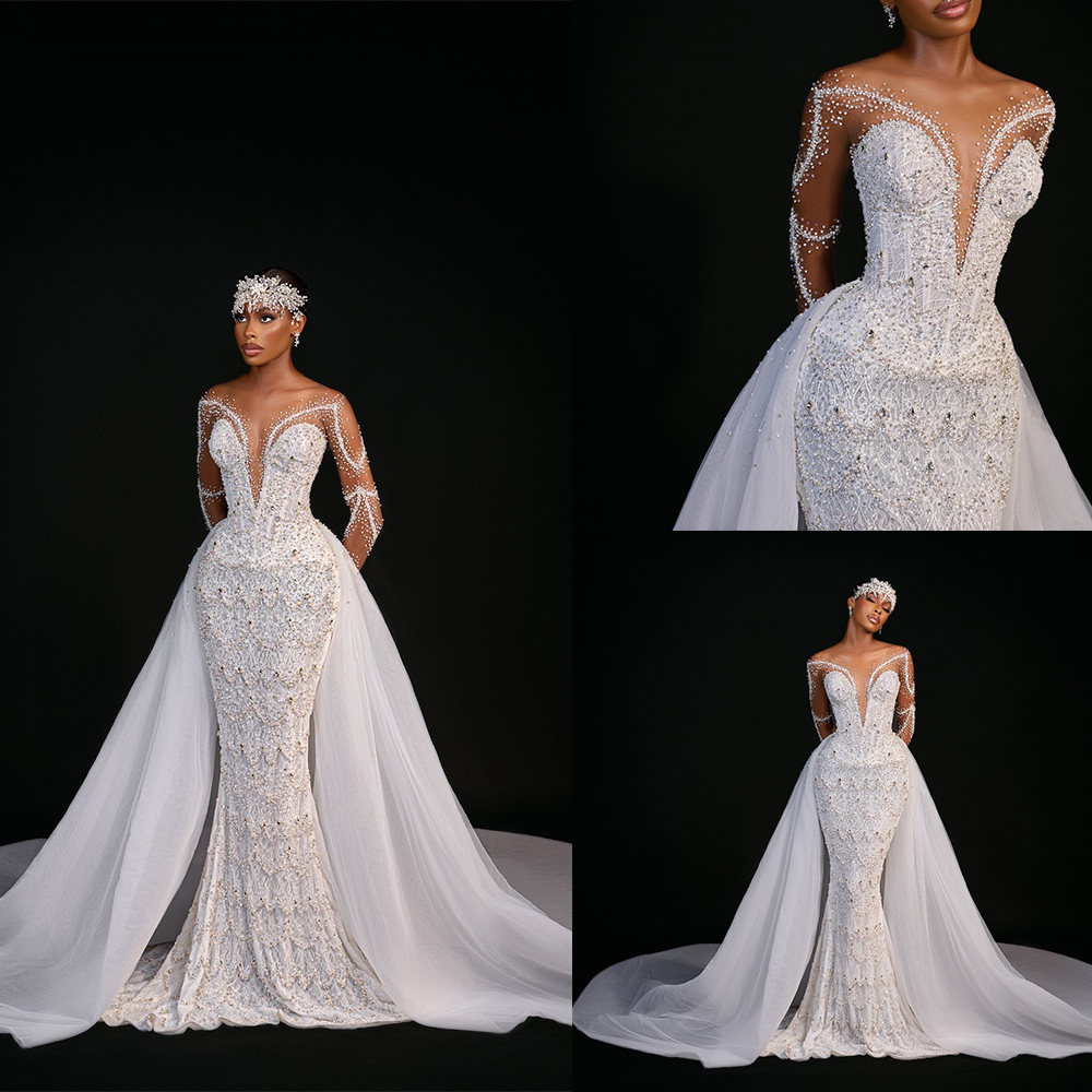 Vintage Mermaid Wedding Dress Crystal Lace Beaded Bridal Gowns Sheer Neck Long Sleeves Detachable Train Dresses Custom Made vestidos de novia