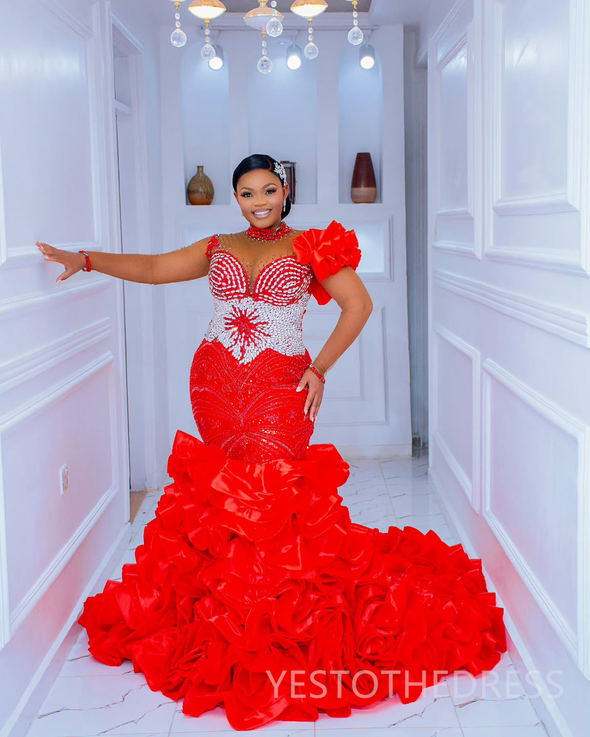 2025 Mermaid Plus Size Red Prom Dresses For Black Women Detachable Train Formal Gowns Beaded Lace High Neck Tiers Ruffles Birthday Second Reception Go