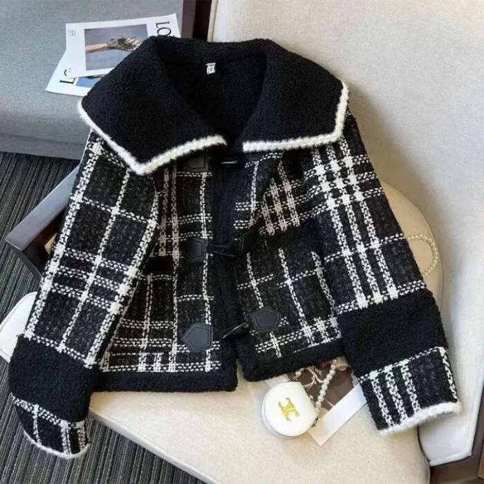 DHEssentials French Style Small Fragrance Coat for Women, Exquisite and High-end Feel, Spring, Autumn, Winter Short Black Plaid Navy Collar Top
