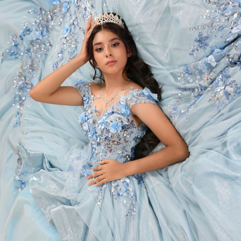 Sky Blue Shiny Ball Gown Quinceanera Dresses Off The Shoulder Sequin Applique Flower Beading Tull Party Birthday Sweet 16 Dress Vestidos 15 De Anos