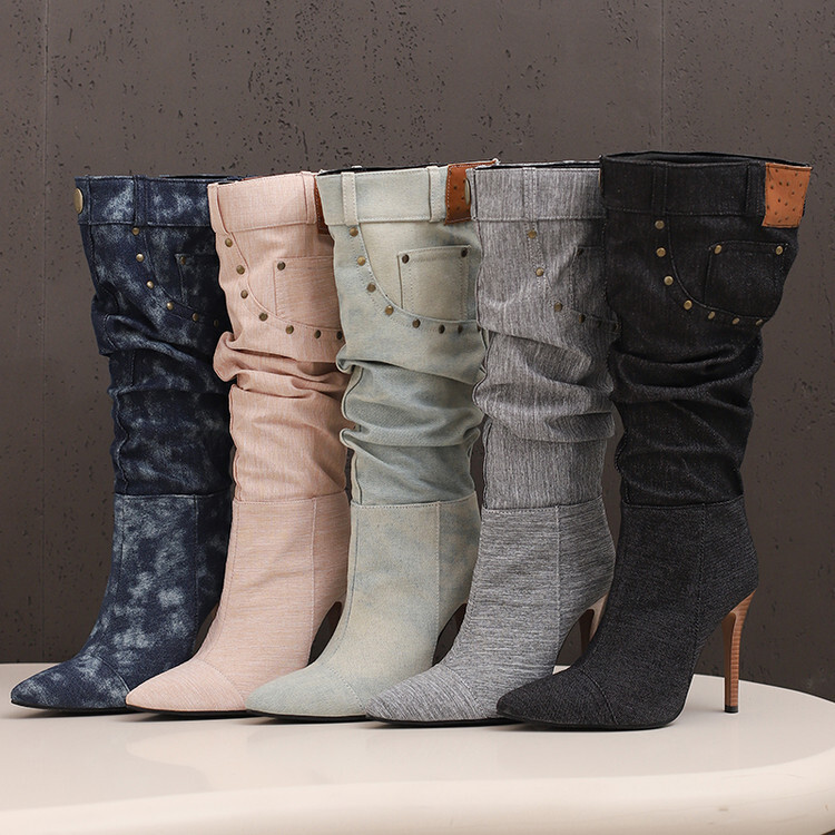Designer boots 2025 New plus size Zipper Denim Knight Women Thin Mid Heel Pointed Toe Over the Knee Long Boots for Women