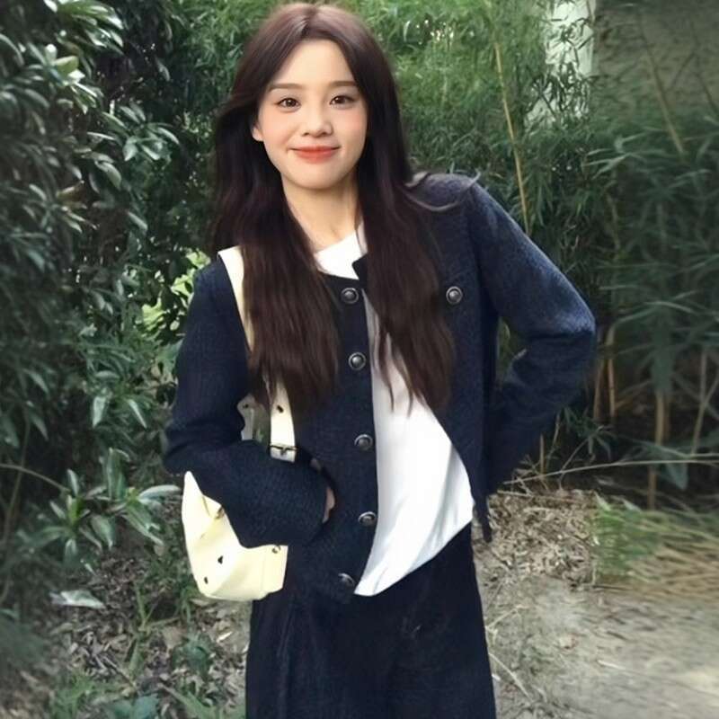 DHEssentials Korean Style Navy Blue Chanel-Style Coat for Women 2025 Autumn High-End Look Super Beautiful Petite Elegant Commuter Jacket