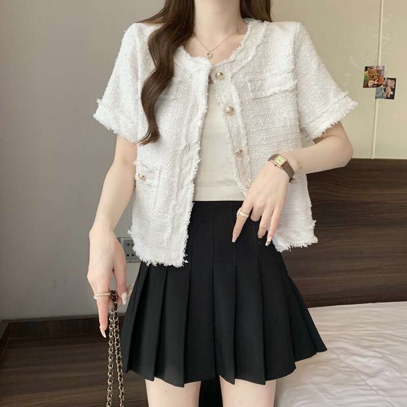DHEssentials Elegant and Stylish Chanel-Style Jacket Summer New Tweed Fringe Versatile Short Sleeve Top for Women