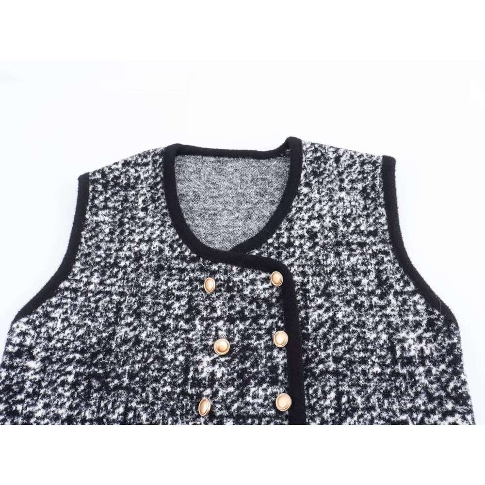 DHEssentials 2025 Summer New French Style Double-Breasted Black and White Checkered Round Neck Knitted Vest