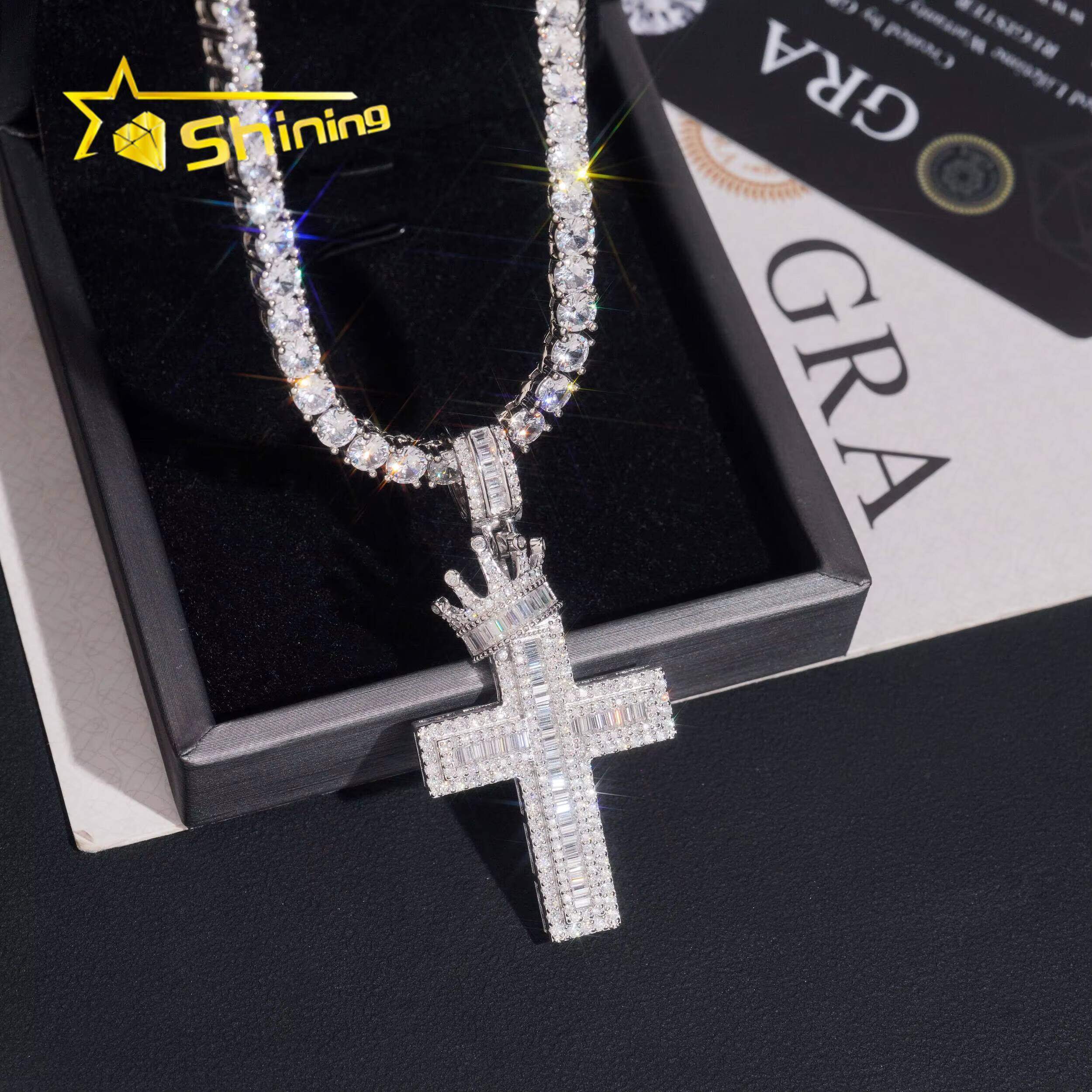 Crown Bail Baugette Moissanite Cross Charm 925 Sterling Silver Gold Plated Iced Out GRA Moissanite Pass Diamond Tester Pendant