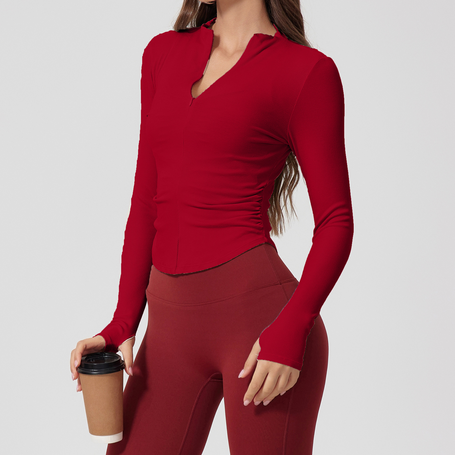 A55 Slim Fit Long Sleeve SweatShirt Ribbed Yoga Tops Outdoor Sports Outfits Stretch Half Zip Training Shirt Thumb Hole