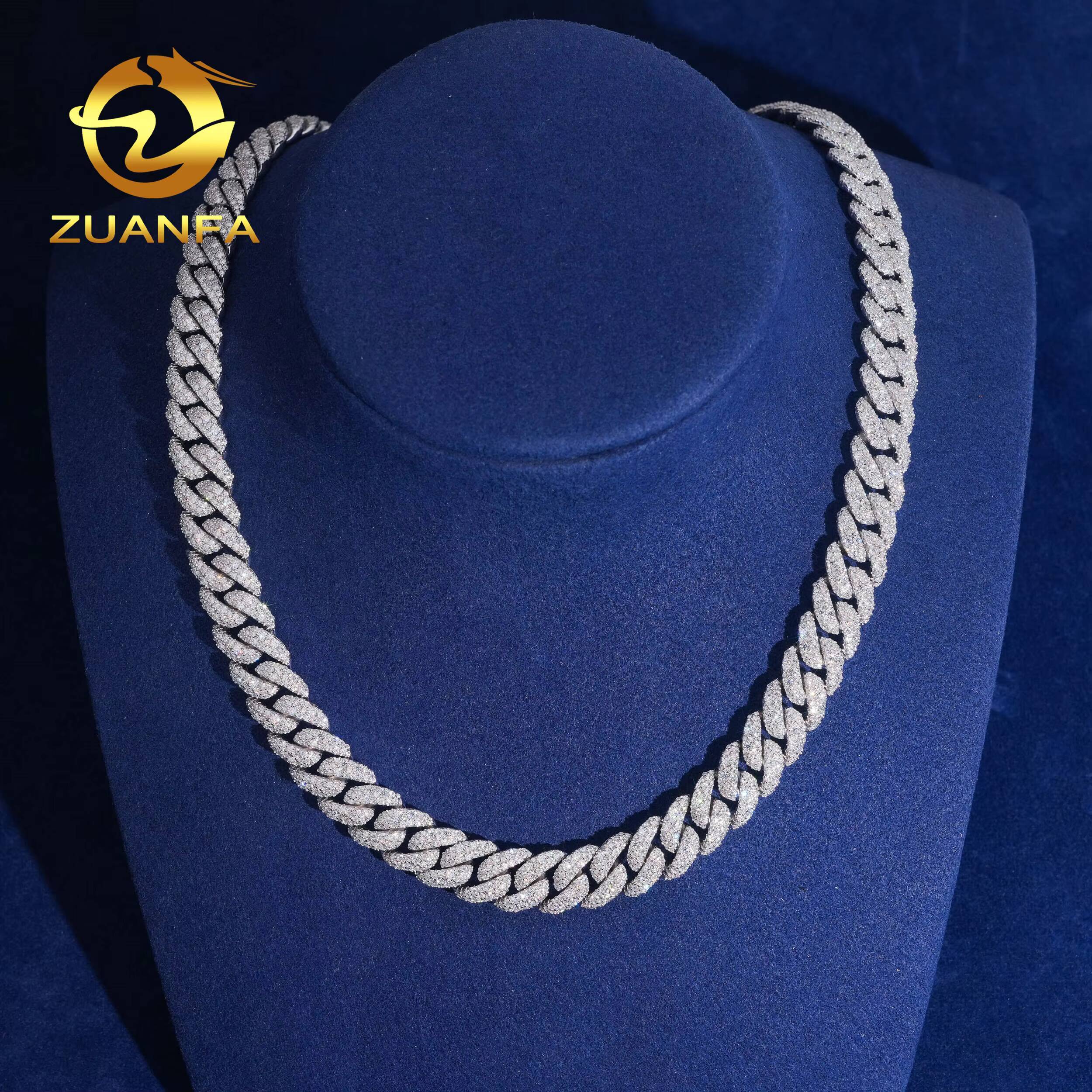 Hip Hop Iced Out Cuban Link Chain 12mm Pass Test VVS Moissanite Solid 925 Sterling Silver Gold Plated Mosaic Set Necklace Chain