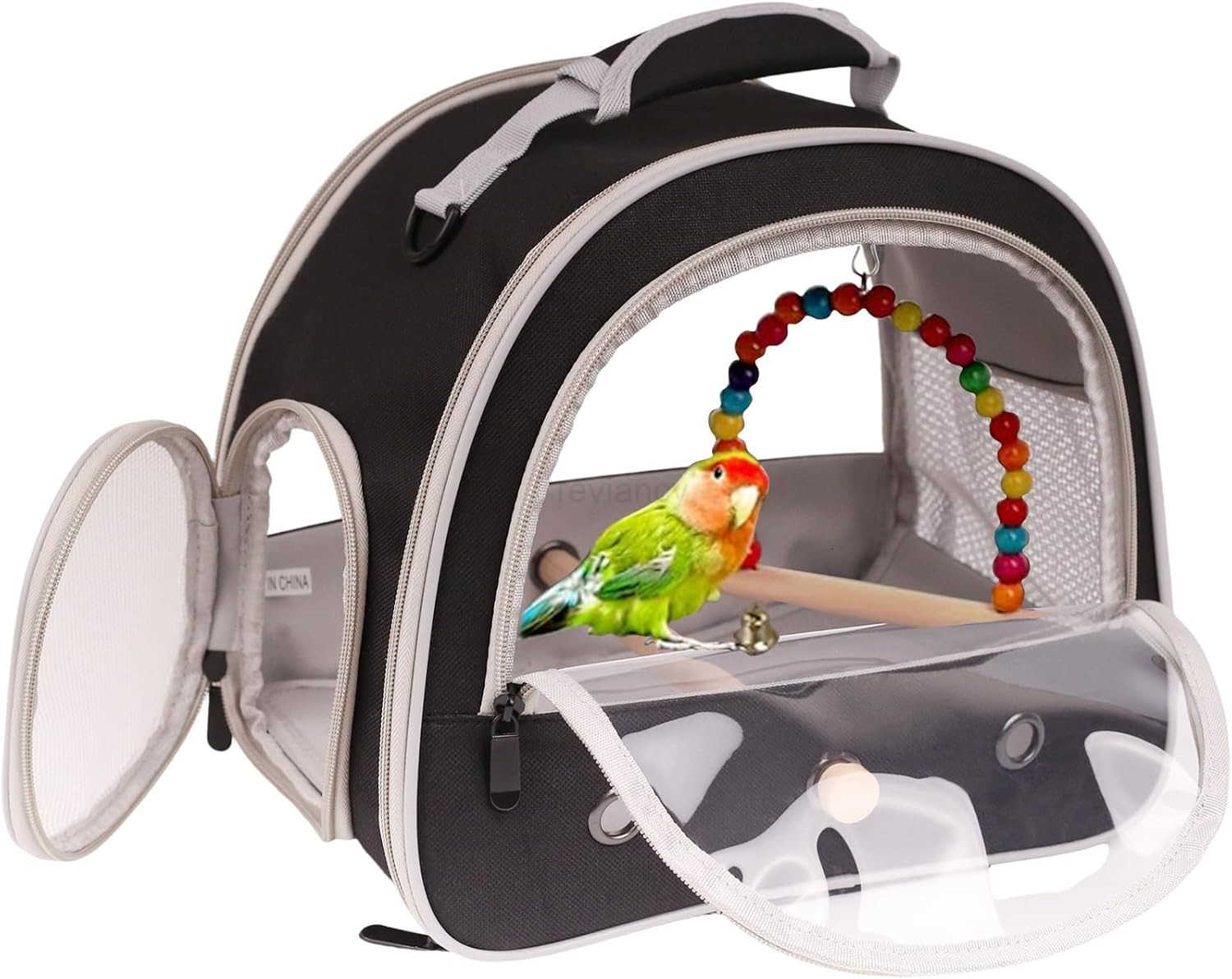 Parrot Travel Cage Carrier with Small Swing ToyCage Colorful Toys Set Small Bird Parakeet Bag with Standing Perch Bird Carry Transport Bag Black Carre