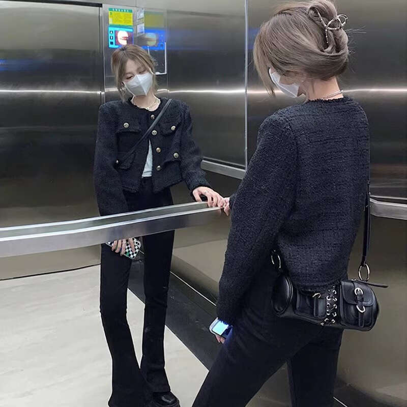 DHEssentials Black Chanel-Style Jacket for Women 2025 Spring and Autumn New French Style High-End Socialite Petite Slim-Fit Short Coat