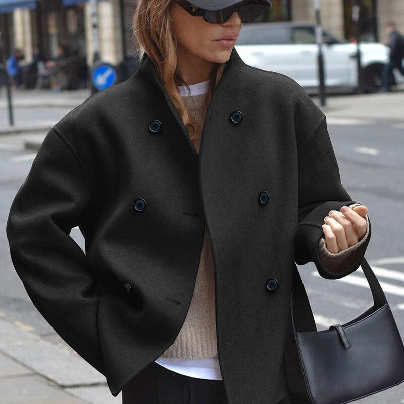 womens coat jackets womens fur coat European Size In-Stock Women's Double-Breasted Solid Color Wool Coat Casual Elegant British Style Versatile W