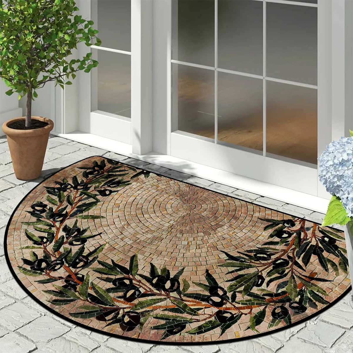 Entrance Door Mat Dustproof Floor Mats Semicircle Outdoor Imitation Stone Carpet Spring Green Plant Carpets Home Decoration Rug C250912