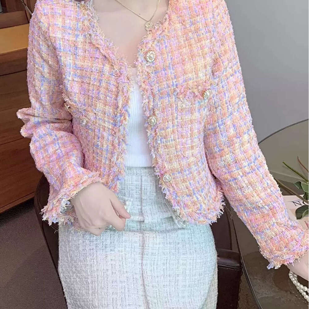 DHEssentials Spring Summer New Elegant Socialite Little Chanel Style Coat for Women Pink Tweed Frayed Edge High-end Small Short Top