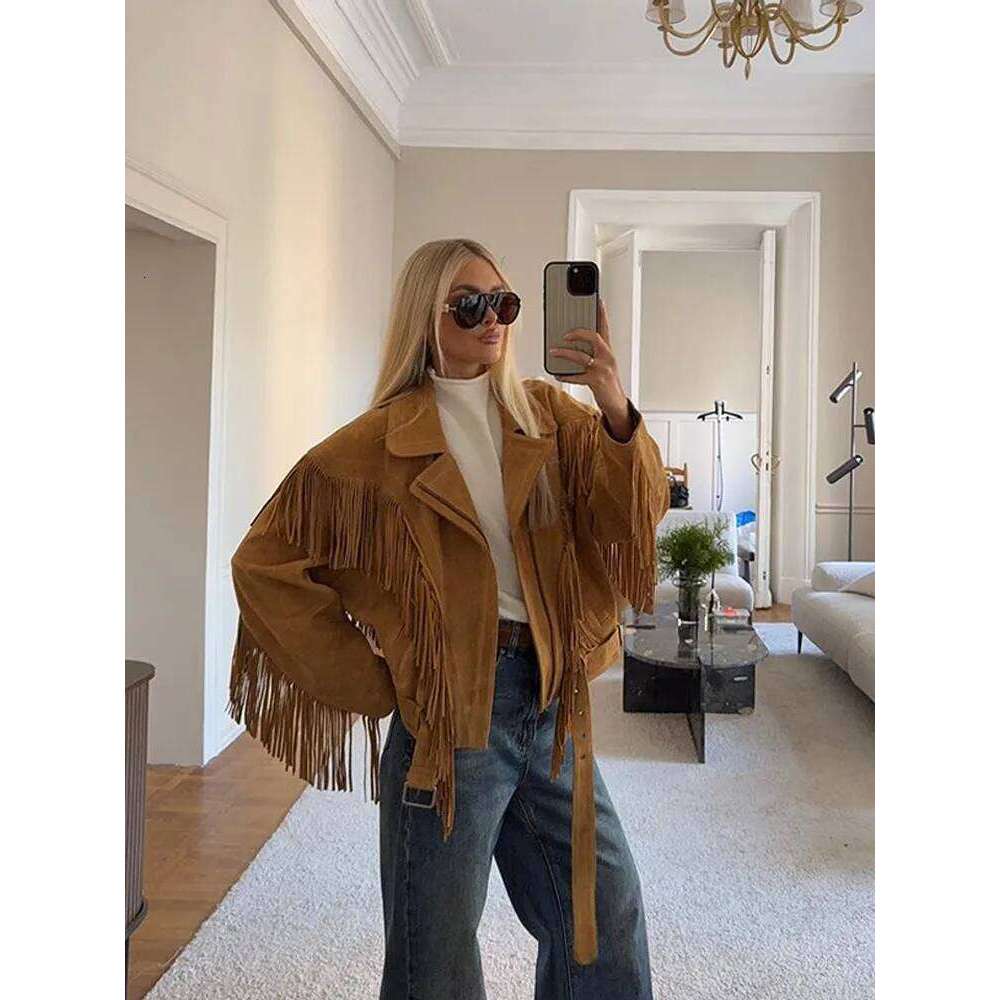 Solid Tassel Suede Leather Jacket Retro Women's Lapel Long Sleeve Short Cropped Coat 2025 Female Motorcycle Street Outwear New