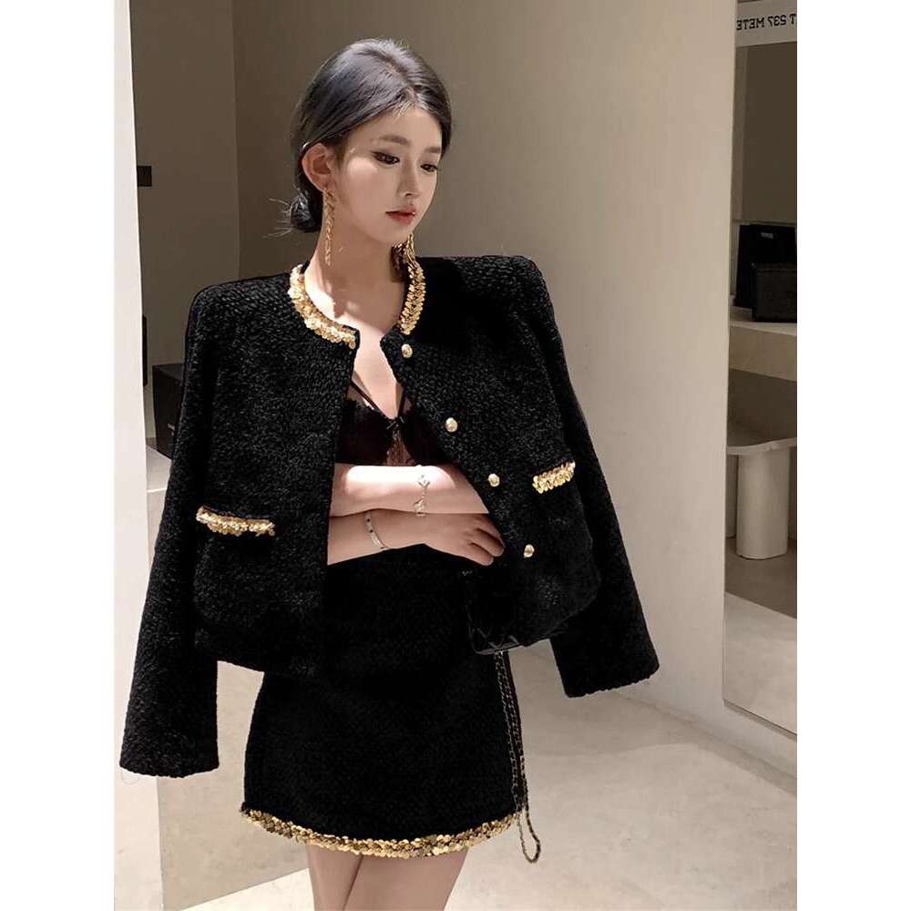 DHEssentials Chanel Suit 2025 New French Style Rich Lady Socialite Black Sequin Wool Blazer Women Autumn Winter