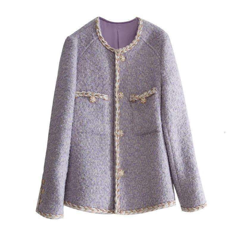 DHEssentials High-End Chanel-Style Lavender Tweed Cardigan Coat for Women 2024 Autumn Winter Short Small Size