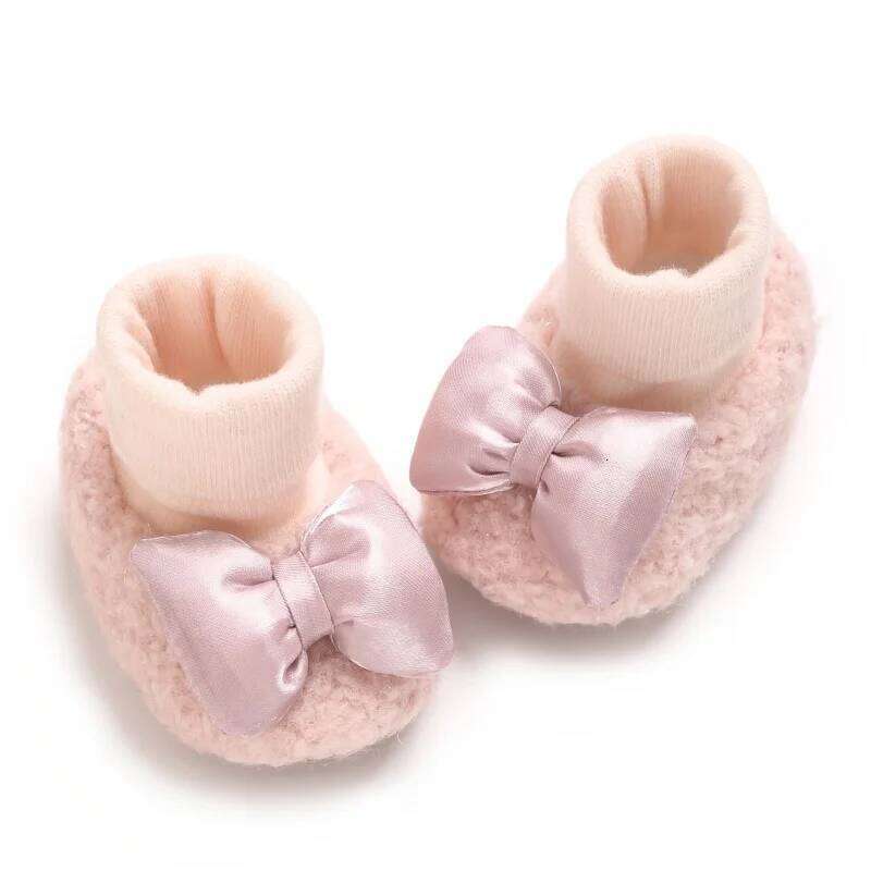 Winter Bow Design Cute Baby Shoes Set for 0-18 Months Girls Cotton Soft Bottom Warm Integrated Socks Female Footwear