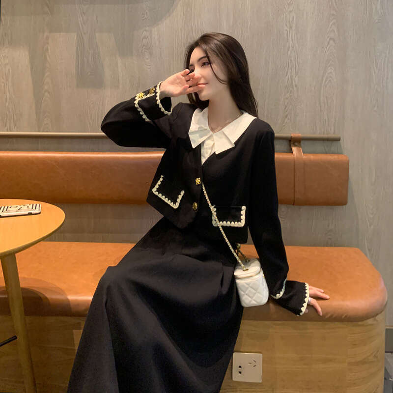 DHEssentials Plus Size Little Chanel Style Fake Jacket Top for Women High-End Feel 2025 Autumn Winter New Fat MM Half Skirt Two-Piece Set