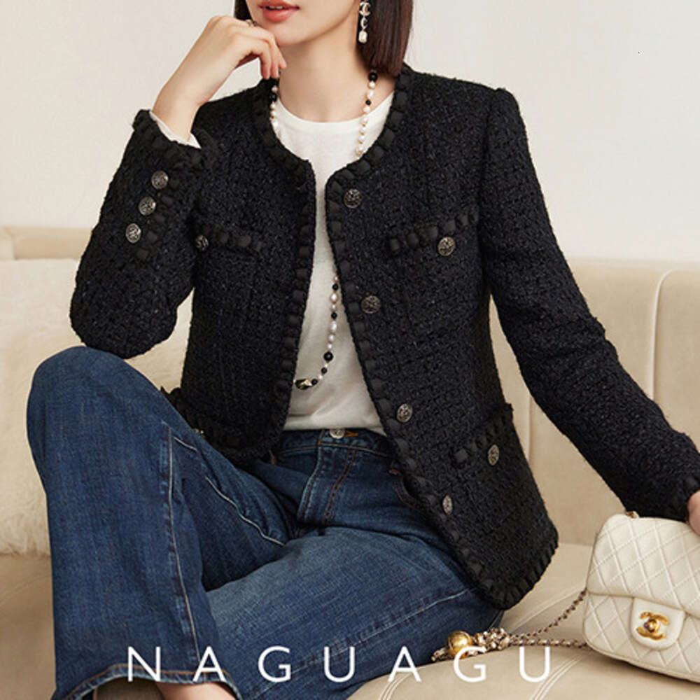 DHEssentials 100% Wool Black Tweed Blazer Spring Autumn Thickened Old Money Short Versatile Little Chanel Style Jacket