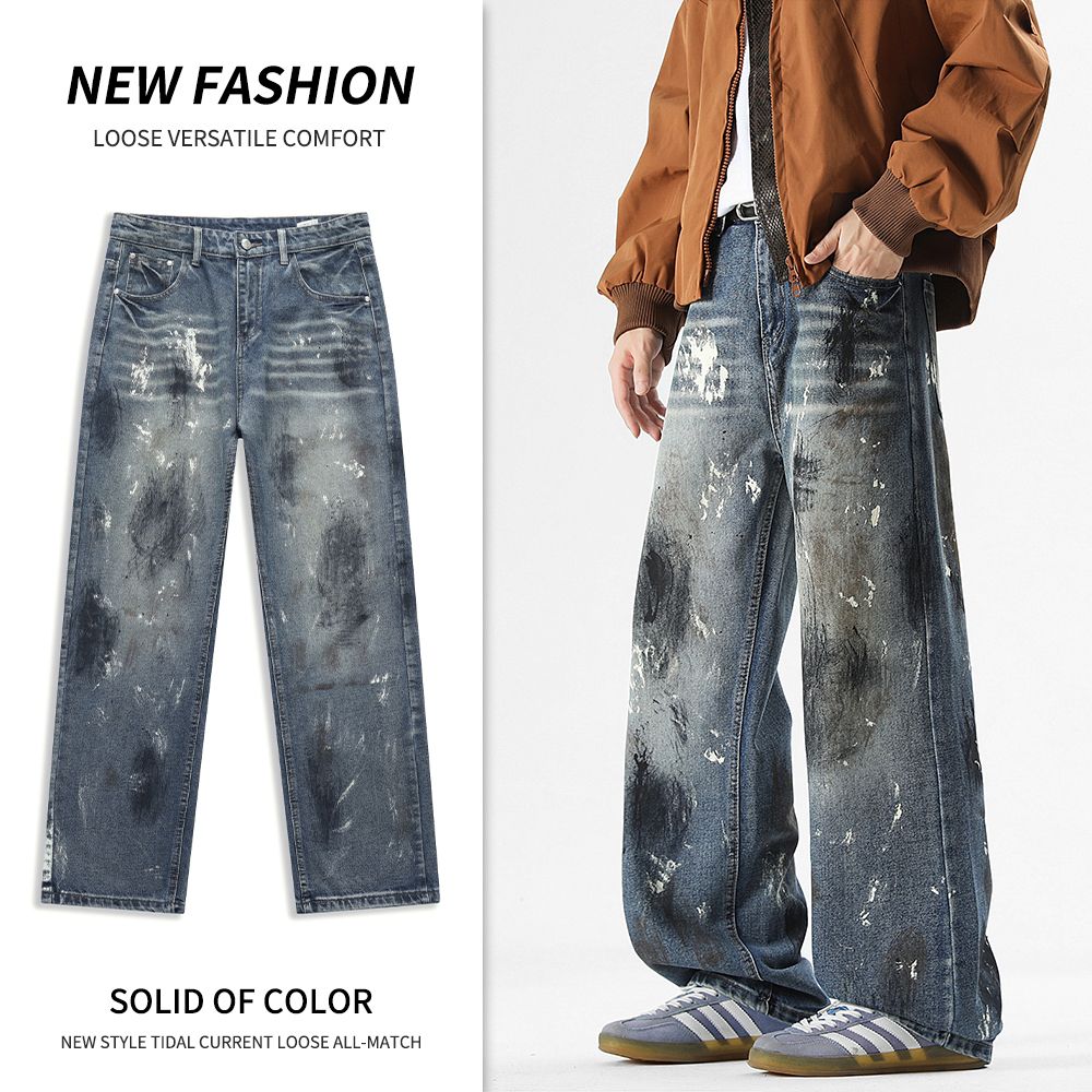 Men's Jeans New American Streetwear Brand Slightly Loose Straight Jeans, Distressed Graffiti Denim Pants