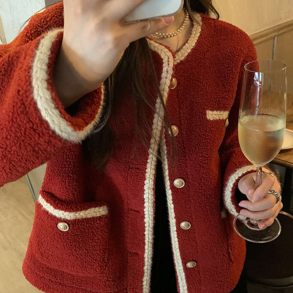 DHEssentials Red Little Chanel Style Lamb Wool Coat Women, Unique Design, Autumn Winter New Thickened and Fleece-Lined Top for Students