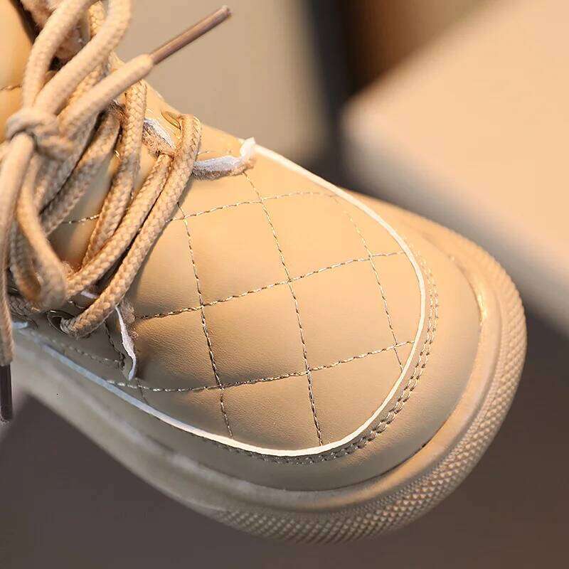 2023 Trend Fashion Winter Girls Korean Style Plaid PU Leather Thick Warm Plush Casual Boots For Kids