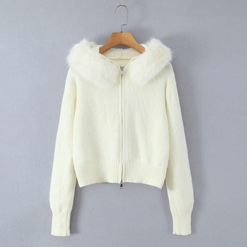 DHEssentials 2025 Autumn Women's French Fashion Slim Fit Commuter Faux Fur Collar Double Zipper Cardigan Sweater Jacket