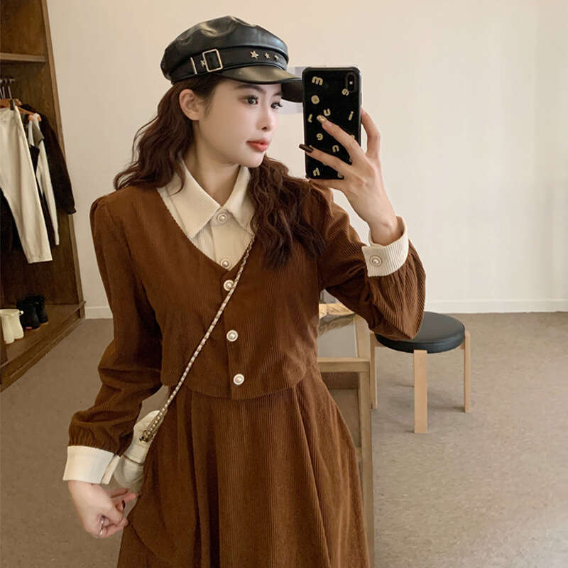 DHEssentials Buttons Can Be Opened Autumn Long Sleeve Chanel Lapel Fashionable Elegant Slimming Hepburn Style Dress