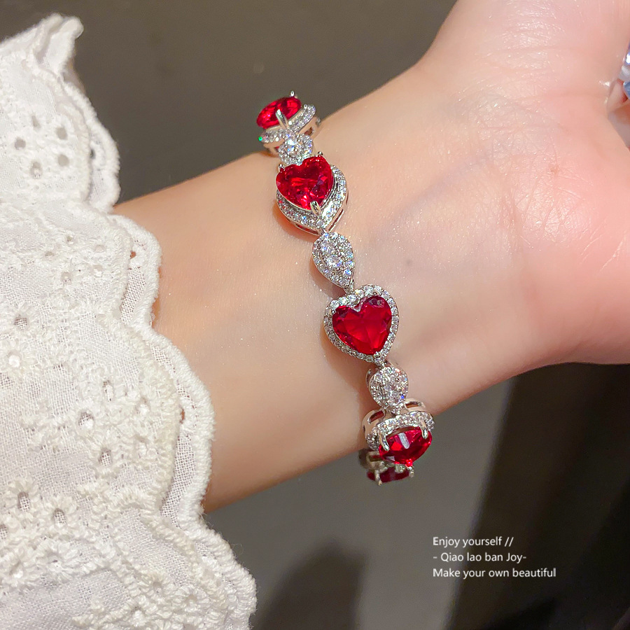 Silver - Toned Bracelet With Red Heart - Shaped Gemstones And Rhinestone Details Delicate Daily & Glamorous Jewelry Gift For Her Luxurious And Eye - C