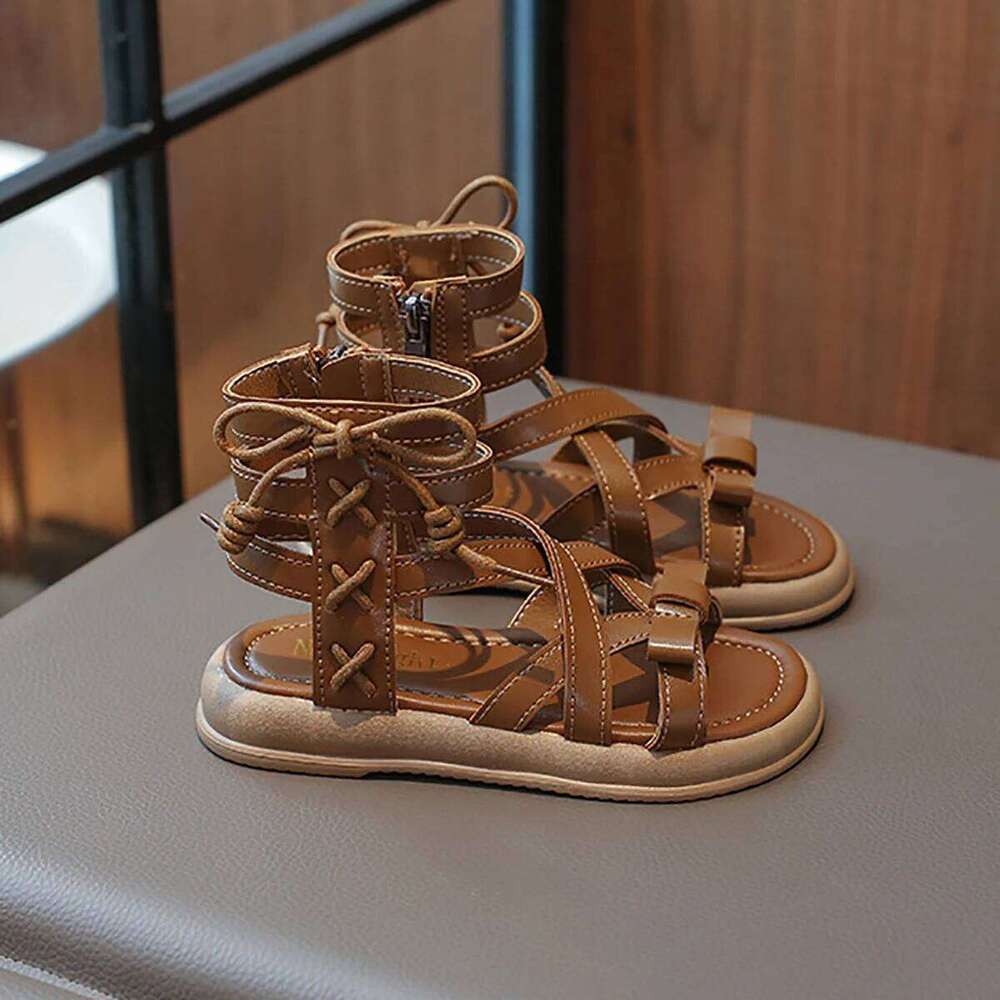 Girls Roman 2024 Summer New Fashion Soft Bottom Princess Little Girl Bow Sandals