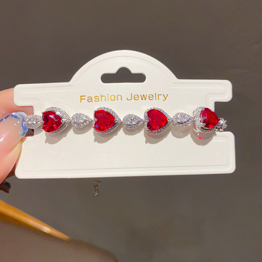 Silver - Toned Bracelet With Red Heart - Shaped Gemstones And Rhinestone Details Delicate Daily & Glamorous Jewelry Gift For Her Luxurious And Eye - C