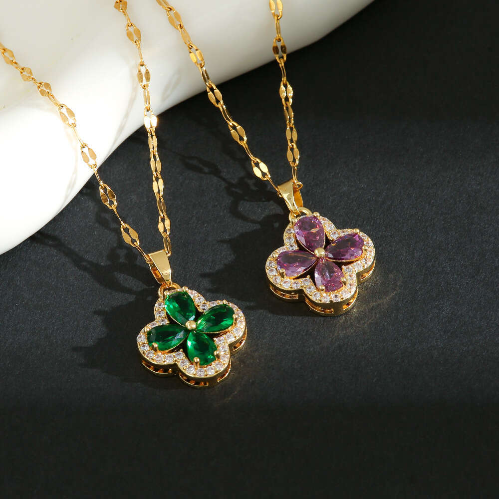 New Violet Inlaid Dia Four-Leaf Clover Titanium Steel Necklace for Women Fashion Versatile Collarbone Chain Light High-End Jewelry
