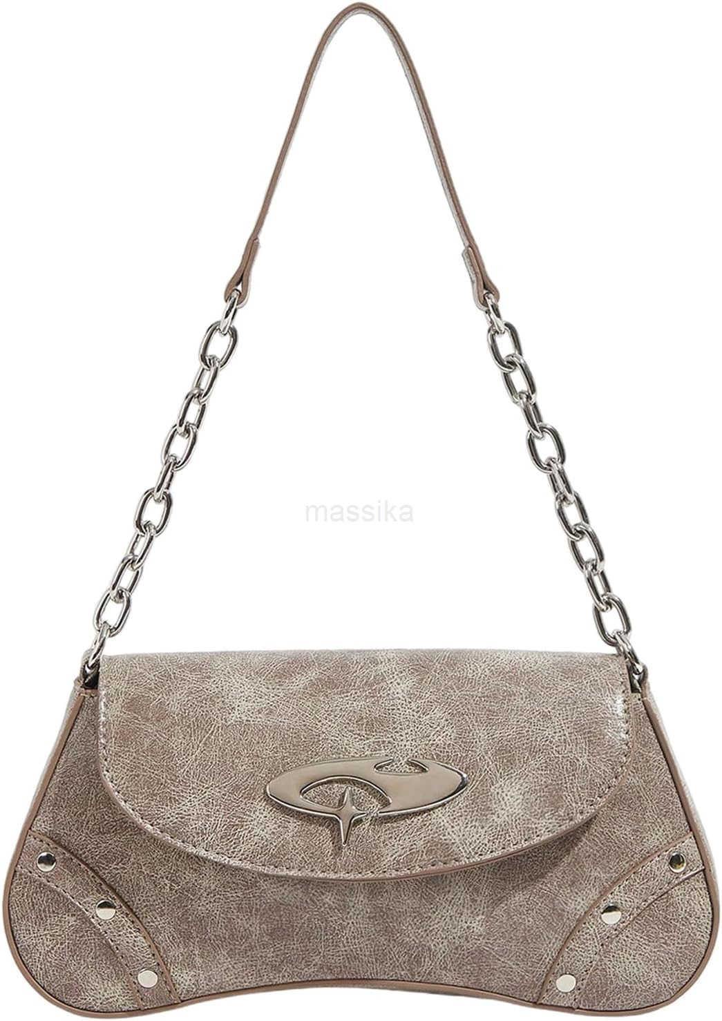 Womens Punk Studded Flap Leather Bags Chain Top Handle Underarm Shoulder Bag M250912