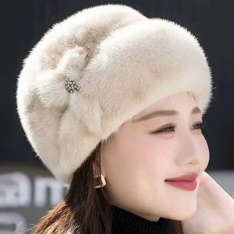 Winter Fluffy Fur Hat Russian Flower Solid Color Warm Plush for Wen Egant Thick Imitation Mink Fur Middaged s G250910