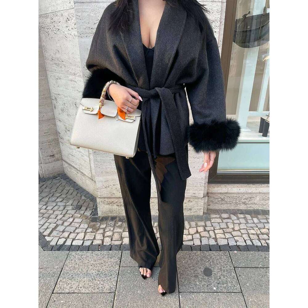 Dresses VGH Solid Spliced Lace Up Slim Coats For Women Lapel Long Sleeve Patchwork Artificial Fur Wool Coat Female Autumn Fashion Style