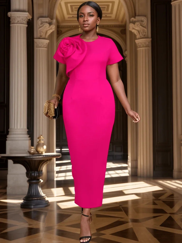 Red Christmas Bodycon Dress Slim High Waist 3D Flower Print for Women Church Going out Birthday Party Ladies Fashion 250911