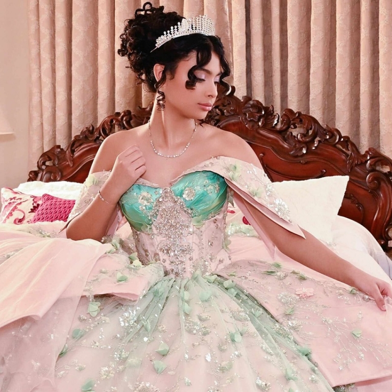 Pink Shiny Ball Gown Quinceanera Dresses Off The Shoulder Sequin Applique Lace Flower Beads Tull Party Birthday Sweet 16 Dress Vestidos 15 De Anos