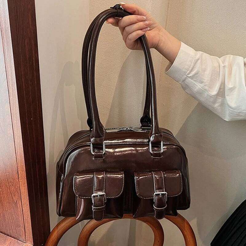Retro PU Leather Double Pockets Underarm Bags For Women 2025 Winter Y2k New Korean Fashion Female Shoulder Bag Stylish Handbags