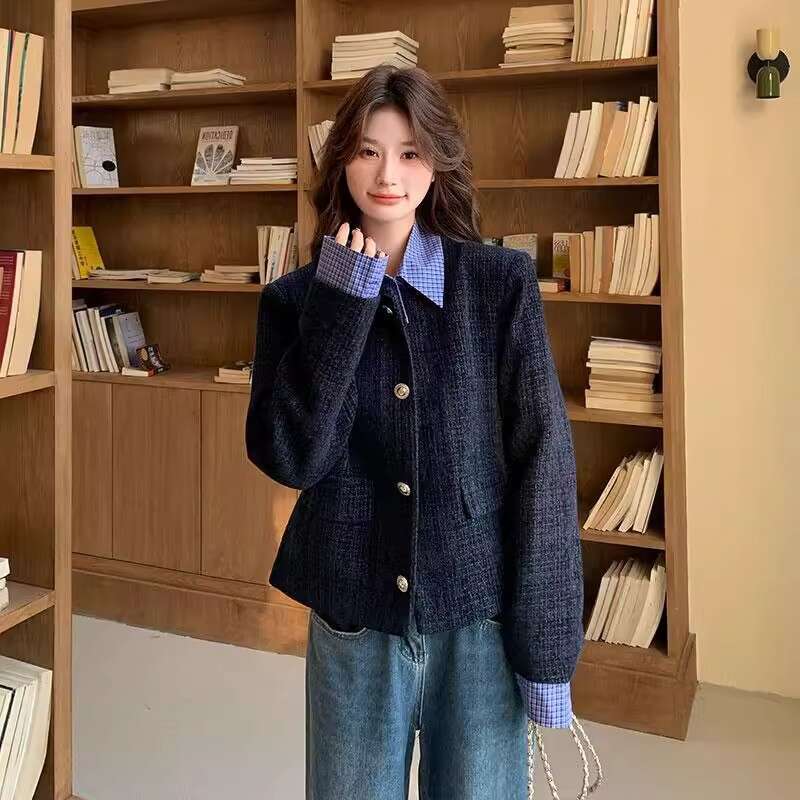DHEssentials 2025 Autumn New French Socialite Fake Two-Piece Chanel-Style Short Coat for Women with High-End College Style and Elegant Top