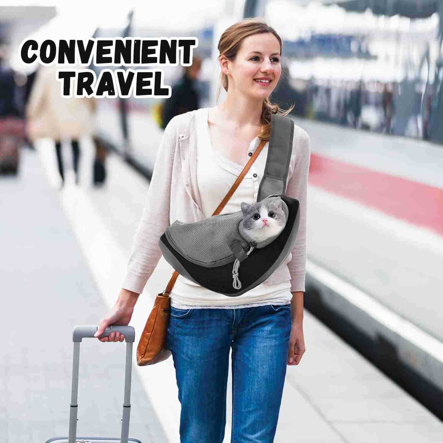 Small Dog Sling Carrier Mesh Adjustable Pet Sling Carrier Zipper Pocket Breathable Hand Free for Small Medium Dogs Cats Outdoor Travel up to 5 poundsW