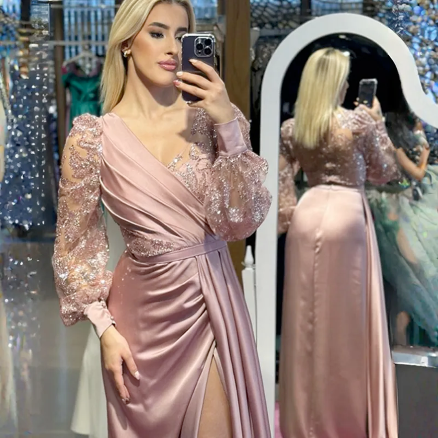 Dusty Rose Mother Of The Bride Plus Size V Neck Long Sleeves Lace Elegant Gorgeous Mother S Dress Split Elastic Satin Formal Evening Gowns