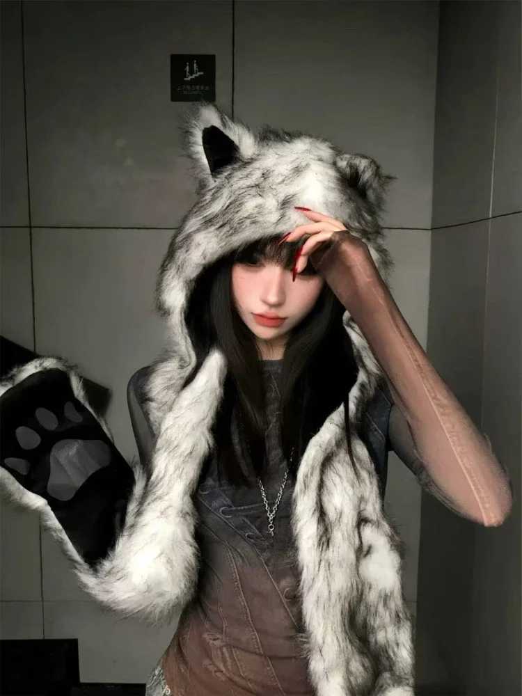 Japanese Kawaii Cute Fur Scarf Hat Winter Keep Warm Y2k Aesthetic Fashion Vintage Bears Ears Wen Hats Grunge Streetwear G250910