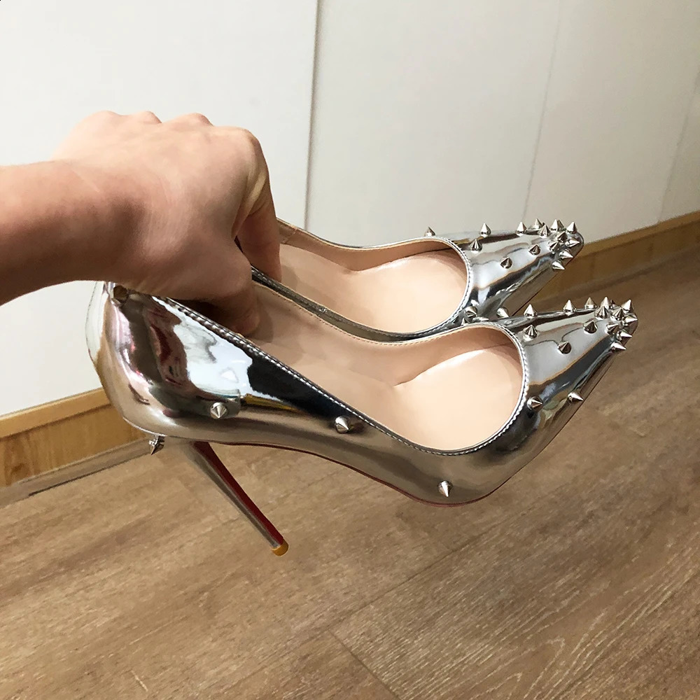 Veowalk Glossy Mirror Silver Women Partial Spikes Pointed Toe Sexy Stiletto Pumps Sparkly High Heel Party Shoes 8cm 10cm 12cm 250911