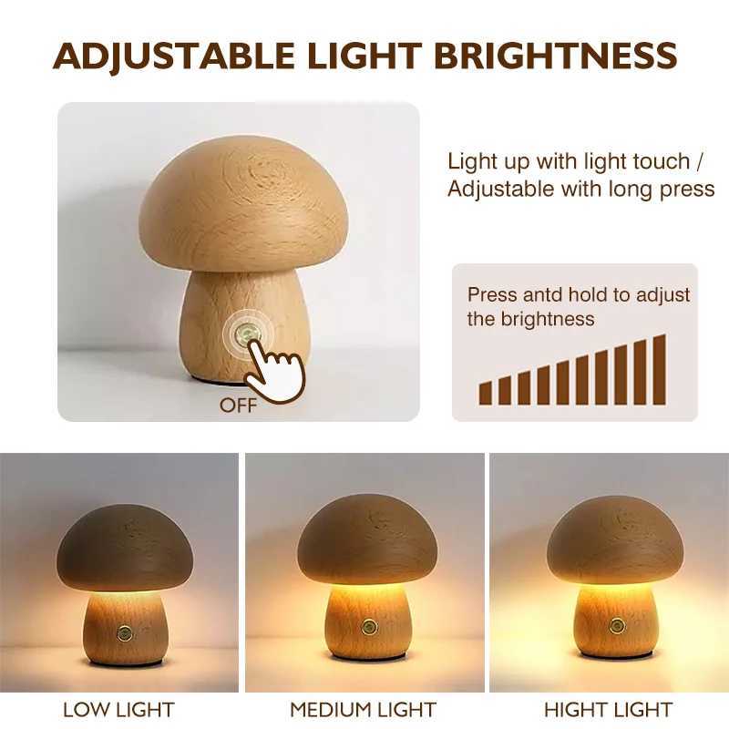 Wooden Mushrooms Night Light Touch Switch Bedroom Bedside Table Lamp Walnut Beech Wood Warm Dimmable Desk Light USB Chargeable C251122