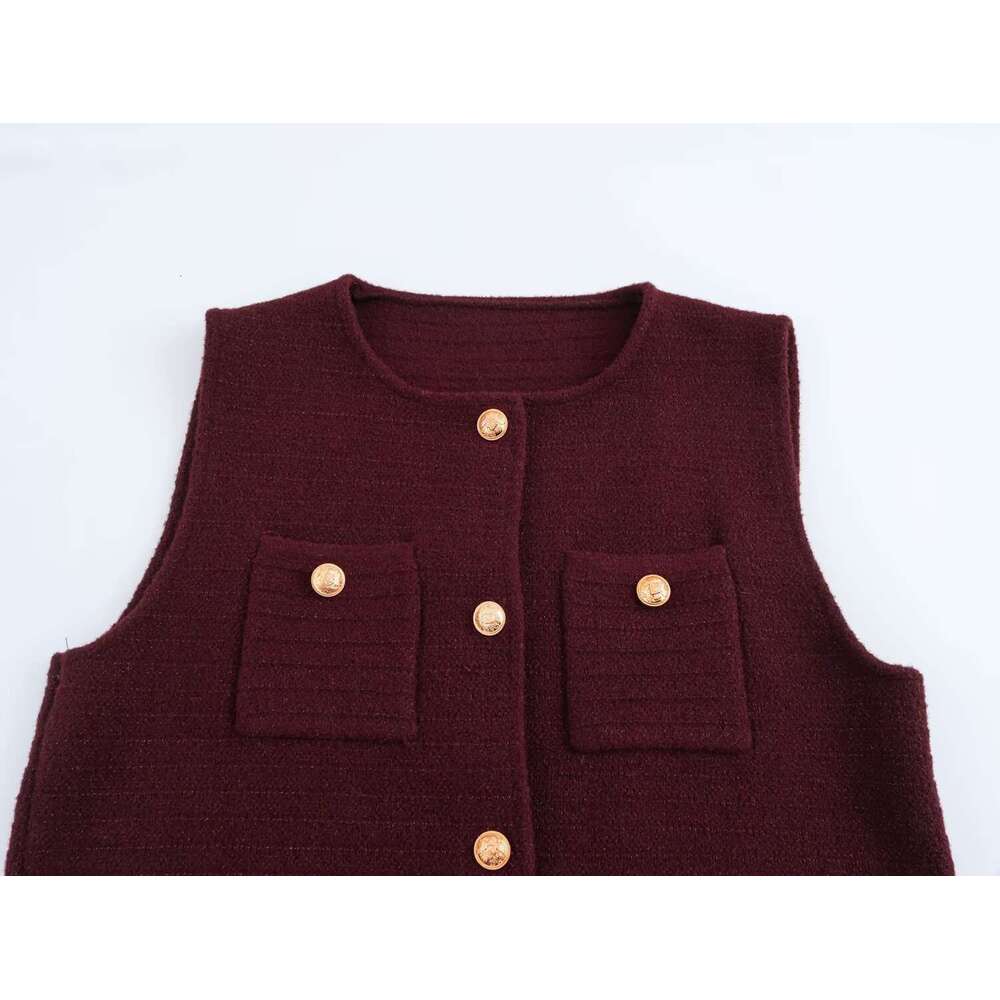 DHEssentials 2025 Autumn New French Style Fashion Gold Thread Pocket Round Neck Single-Breasted Knitted Vest