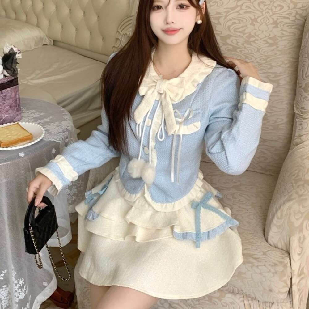 DHEssentials 2025 New Sweet Little Chanel Style Milk Blue Bow Top Puffy Cake Short Skirt Women Autumn Winter Slimming Two-Piece Set