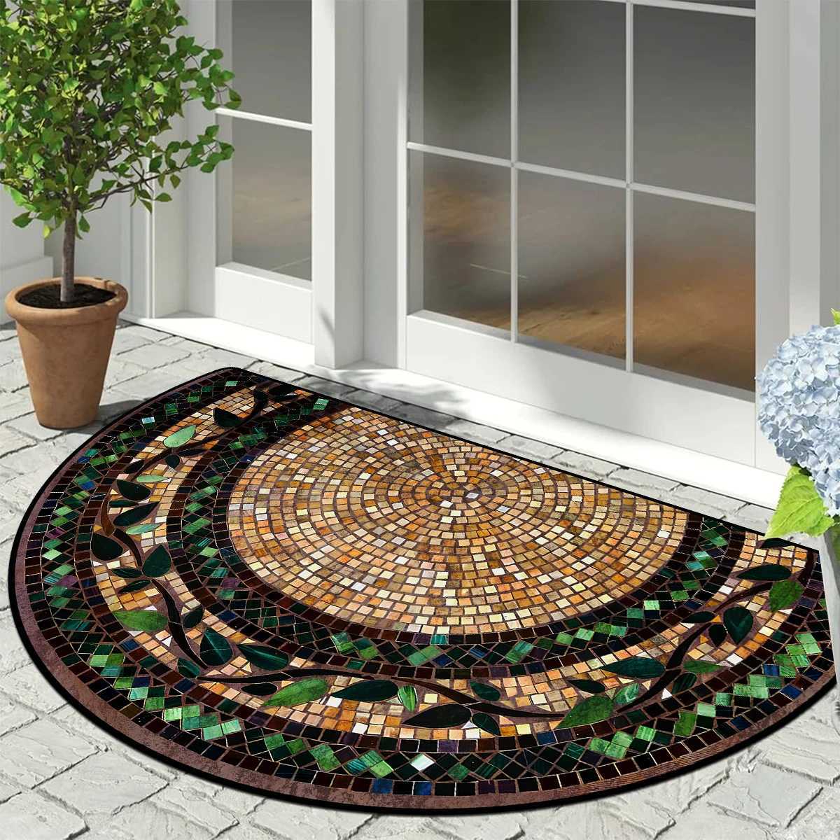 Entrance Door Mat Dustproof Floor Mats Semicircle Outdoor Imitation Stone Carpet Spring Green Plant Carpets Home Decoration Rug C250912